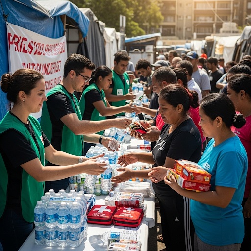 Voluntários a entregar água e mantimentos