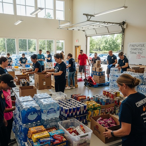 Pessoas a organizar donativos de água e comida