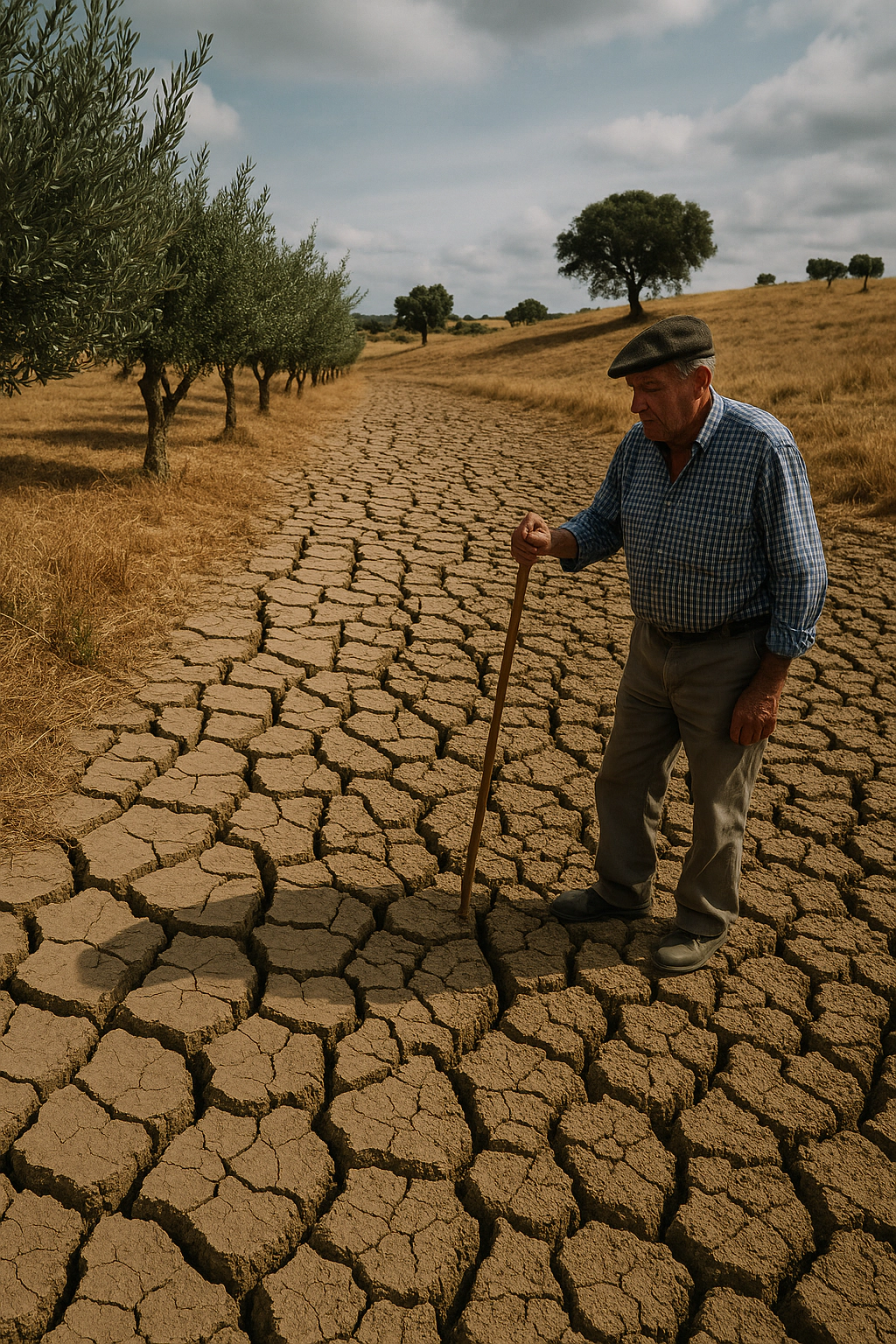 Fotografia de um vasto terreno de solo seco e gretado, simbolizando a seca e a desertificação causadas pelas alterações climáticas.